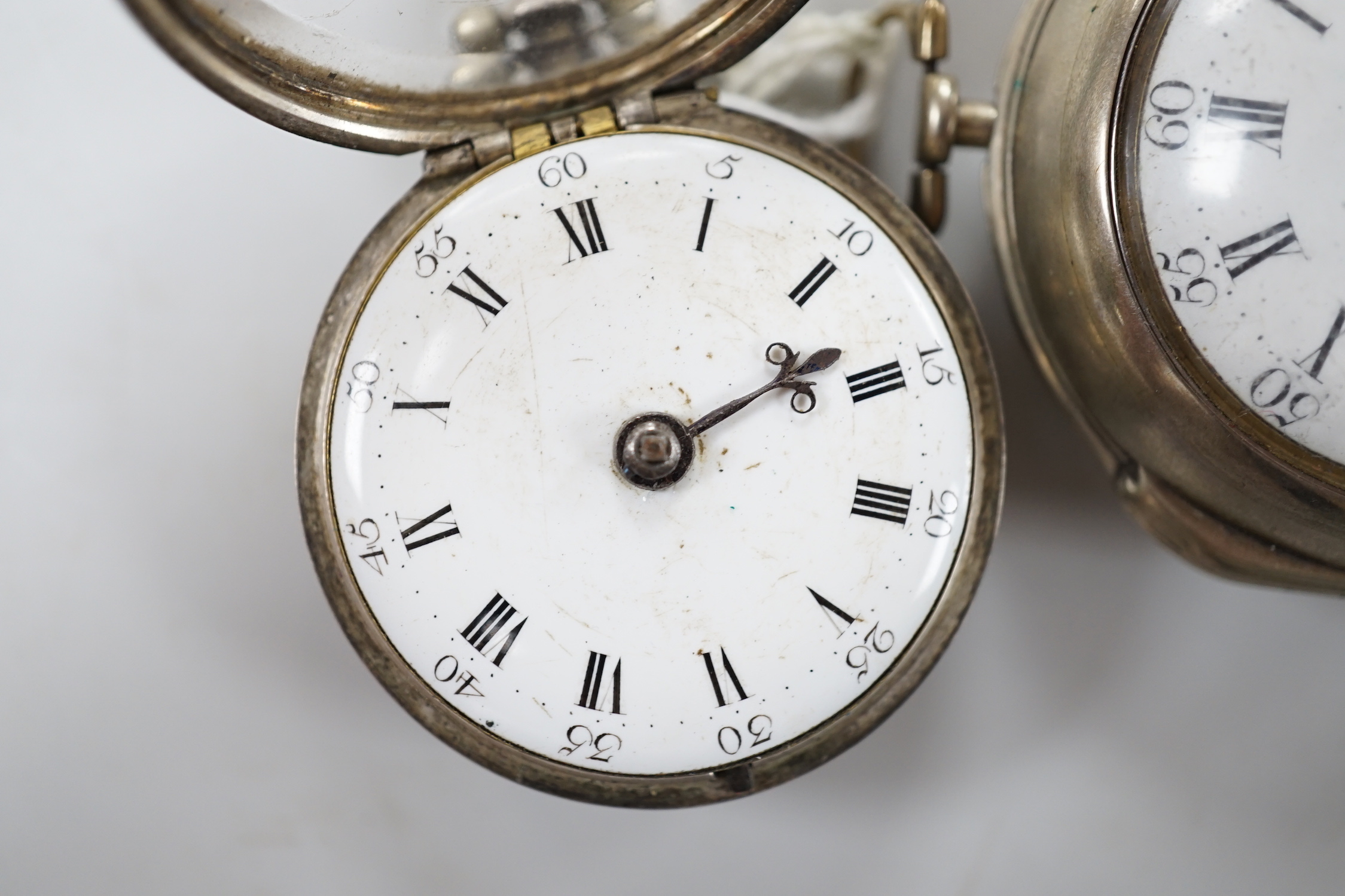 A George III silver pair cased keywind verge pocket watch by Sam King of Salop and one other silver pocket watch, lacking outer case.